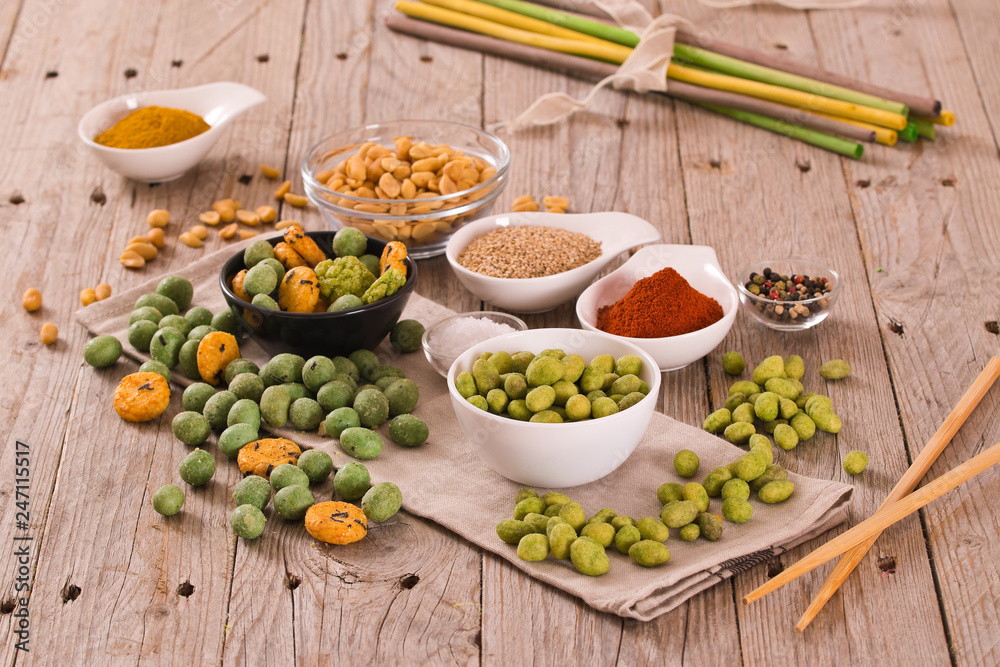 Wasabi coated peanuts. Wasabi coated peanuts.