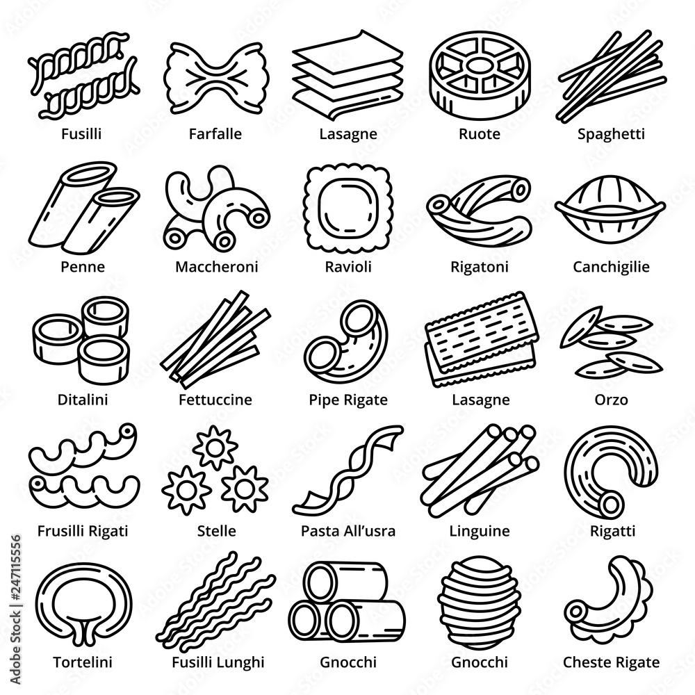 Fusilli icons set. Outline set of fusilli vector icons for web design