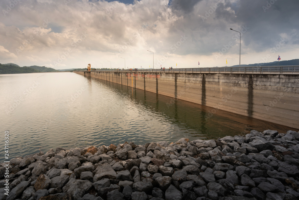 Khun Dan Prakan Chon Dam is Roller Compacted Concrete Dam at Nakornnayok Thailand In the rainy season.