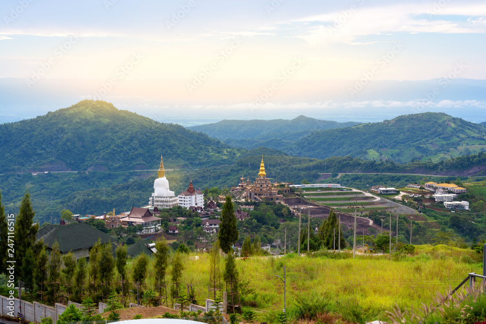 Landscape of green mountain and cloudy sky view point Phasornkaew Temple Khao Kho Phetchabun Thailand.