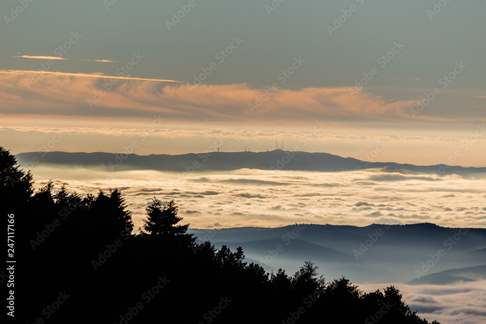 Obraz premium Beautiful view of Umbria valley (Italy) covered by a sea of fog at sunset, with beautiful warm colors and trees silhouettes in the foreground