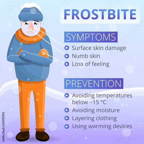 Frostbite infographic. Cartoon of frostbite vector infographic for web design photo