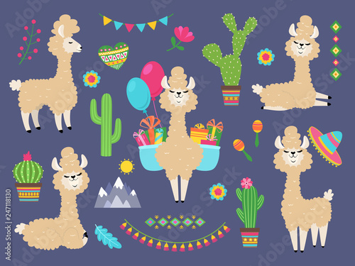 Cute alpaca. Funny cartoon llama, peru baby lamas and cacti flowers. Wild alpacas animals vector characters