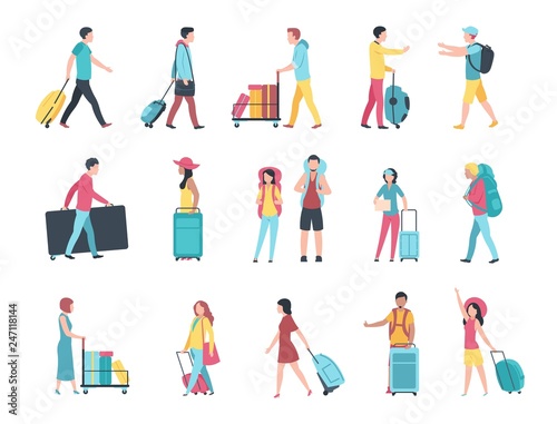 Travel people. Airport tourist baggage crowd passengers check passport control terminal queue. People with luggage vector set