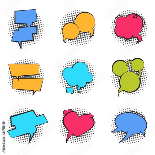 Comics bubble. Cartoon speech pop art balloon talk chat funny cloud massage comic dialog bubble text label. Vector retro talk shape set