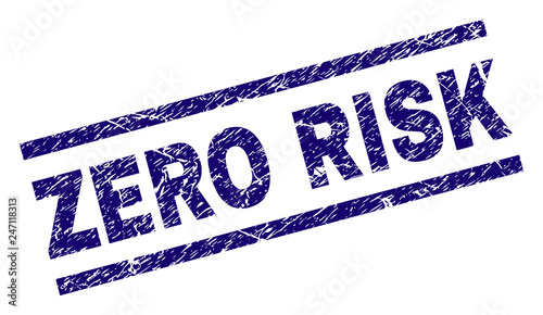 ZERO RISK seal imprint with grunge style. Blue vector rubber print of ZERO RISK label with grunge texture. Text label is placed between parallel lines.