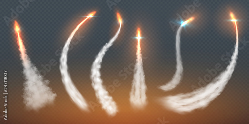 Rocket condensation trails. Fire jet steam effect airplane flight lines fly smoke fire burst. Aircraft contrail vector templates