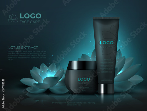 Black cosmetic product background. Luxury beauty skincare cream realistic 3D makeup tube. Vector cosmetic promotion template