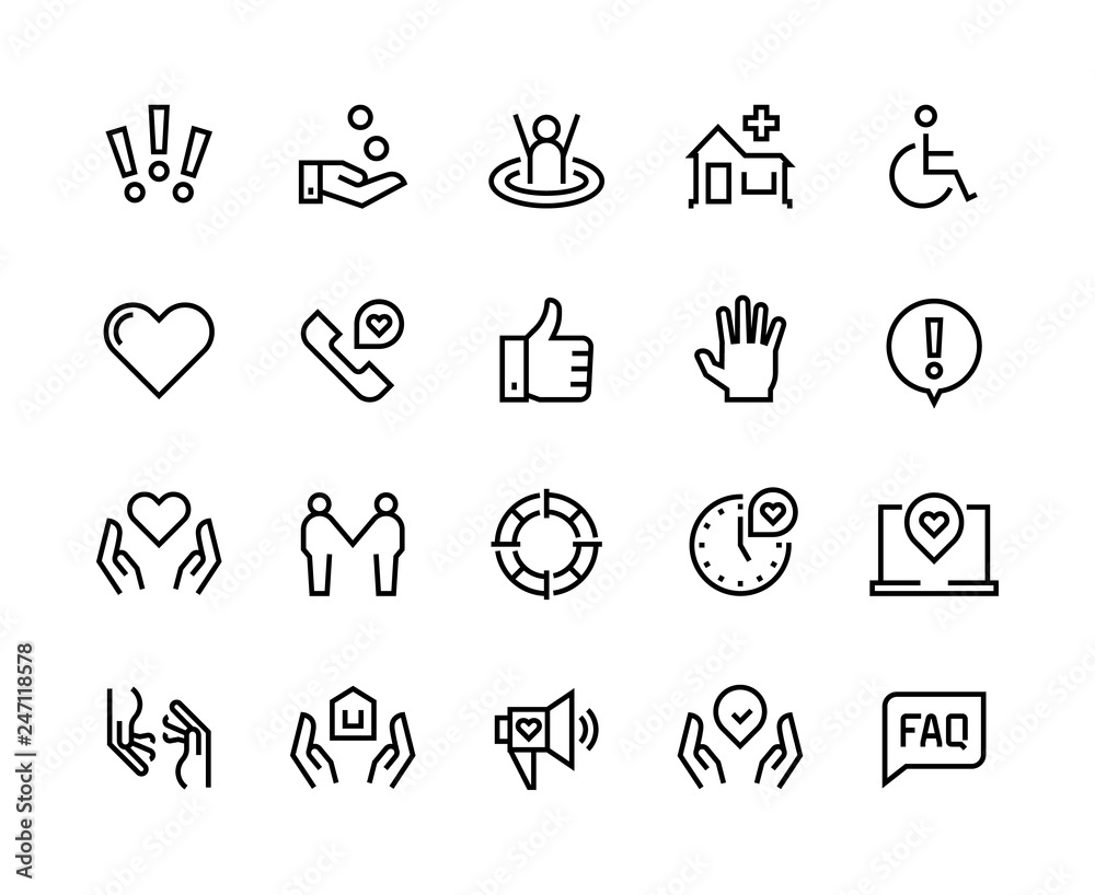 Help line icons. Support health care, manual faq guide, family life care community charity donate. Vector help and support set Help line icons. Support health care, manual faq guide, family life care community charity donate. Vector help and support set