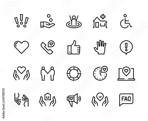 Help line icons. Support health care, manual faq guide, family life care community charity donate. Vector help and support set