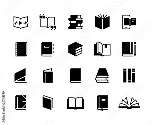 Black books icons. Study education book set, textbook magazine diary bible business collection. Vector book logo