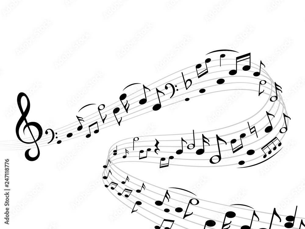 Music notes wave. Abstract swirl musical note treble clef silhouettes harmony stave vector isolated composition Music notes wave. Abstract swirl musical note treble clef silhouettes harmony stave vector isolated composition