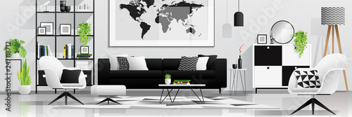 Interior background with living room in modern black and white scandinavian style , vector , illustration