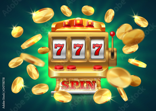Casino slot machine. 777 jackpot, winning game lottery background, flying golden coins. Vector golden slot machine