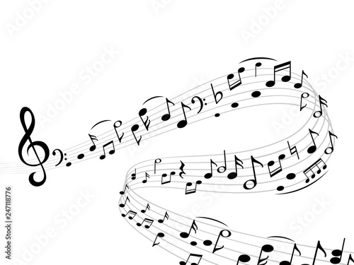 Music notes wave. Abstract swirl musical note treble clef silhouettes harmony stave vector isolated composition