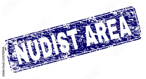 NUDIST AREA stamp seal print with distress style. Seal shape is a rounded rectangle with frame. Blue vector rubber print of NUDIST AREA title with corroded style.