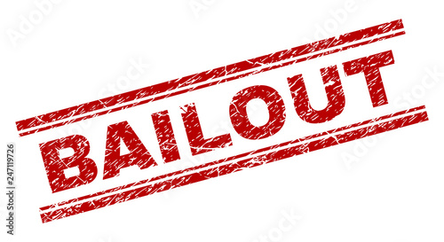 BAILOUT seal print with distress style. Red vector rubber print of BAILOUT text with retro texture. Text tag is placed between double parallel lines.