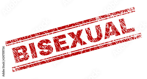 BISEXUAL seal print with corroded texture. Red vector rubber print of BISEXUAL text with scratched texture. Text title is placed between double parallel lines.