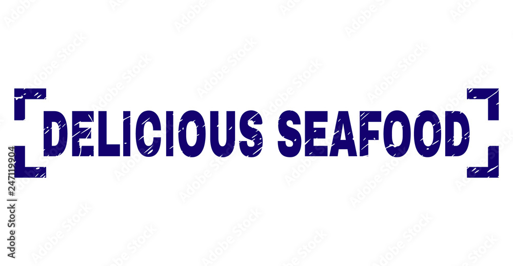 DELICIOUS SEAFOOD text seal print with corroded effect. Text caption is placed between corners. Blue vector rubber print of DELICIOUS SEAFOOD with unclean texture.