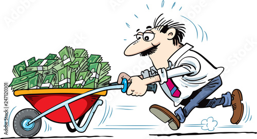 Man running carrying a trolley full of money