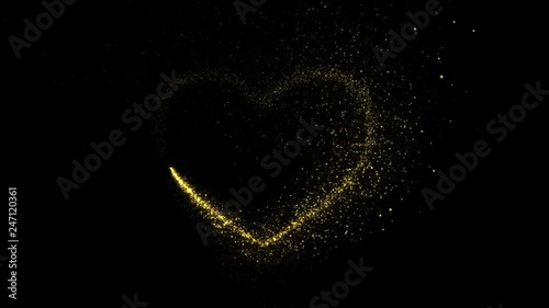 Abstract holiday valentines day background with shining gold sparkling heart particles on black. 4K motion graphic.