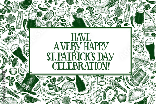St. Patricks day design template. Vector hand drawn illustrations. Irish vintage background. Can be use for menu cover or packaging.