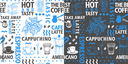 Typographic vector coffee seamless pattern on light and dark background. Types of coffee and hand drawn illustrations for cafe and packaging. Retro style.
