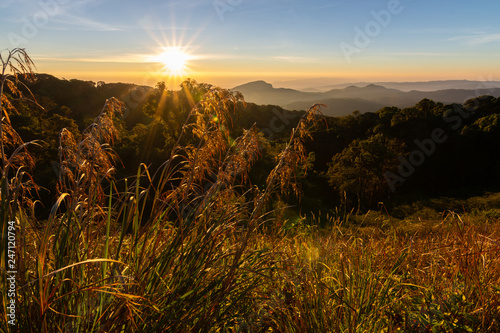 Beautiful winter sunrise landscape viewpoint at km.41 of Doi Inthanon Chiang Mai Thailand. Scenic view of Doi Inthanon National Park in Chom Thong District, Chiang Mai Province, Northern Thailand.