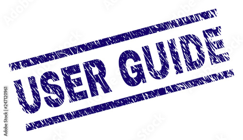 USER GUIDE seal print with grunge style. Blue vector rubber print of USER GUIDE label with unclean texture. Text label is placed between parallel lines.