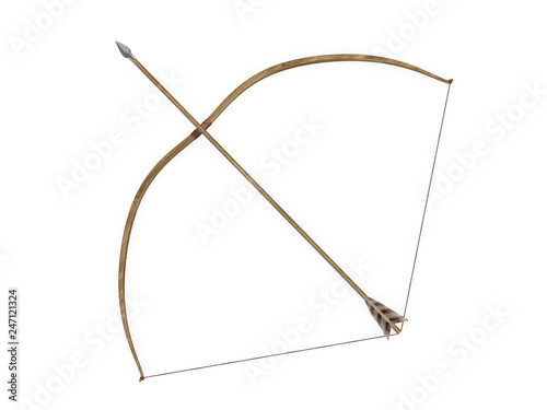 Longbow with arrow and stretched string 3d rendering