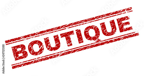 BOUTIQUE seal print with corroded style. Red vector rubber print of BOUTIQUE text with unclean texture. Text title is placed between double parallel lines.