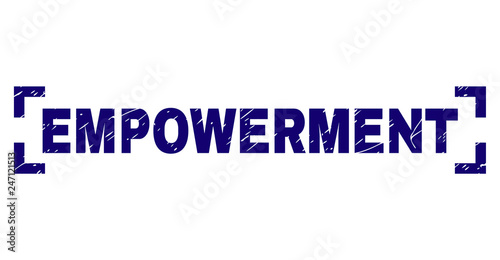 EMPOWERMENT text seal print with grunge texture. Text caption is placed between corners. Blue vector rubber print of EMPOWERMENT with scratched texture.