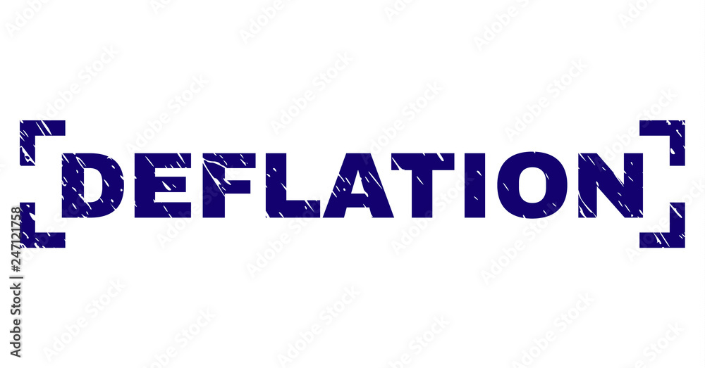 DEFLATION text seal stamp with grunge texture. Text caption is placed inside corners. Blue vector rubber print of DEFLATION with dirty texture.