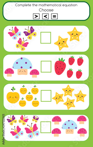 Math educational game for children. Complete the mathematical equation. choose more, less or equal
