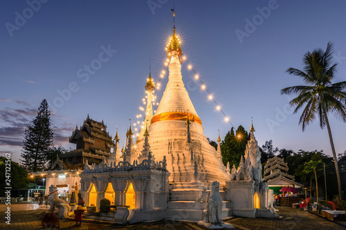 Beautiful sanctuary wat phra that doi kong mu temple in twilight sunset, Mae Hong Son thailand.
