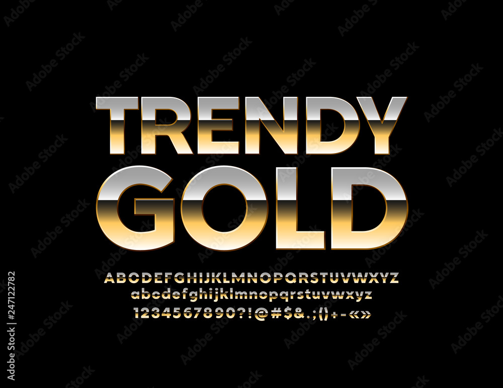 Vector Trendy Gold Font. Stylish Alphabet Letters, Numbers and Symbols. 