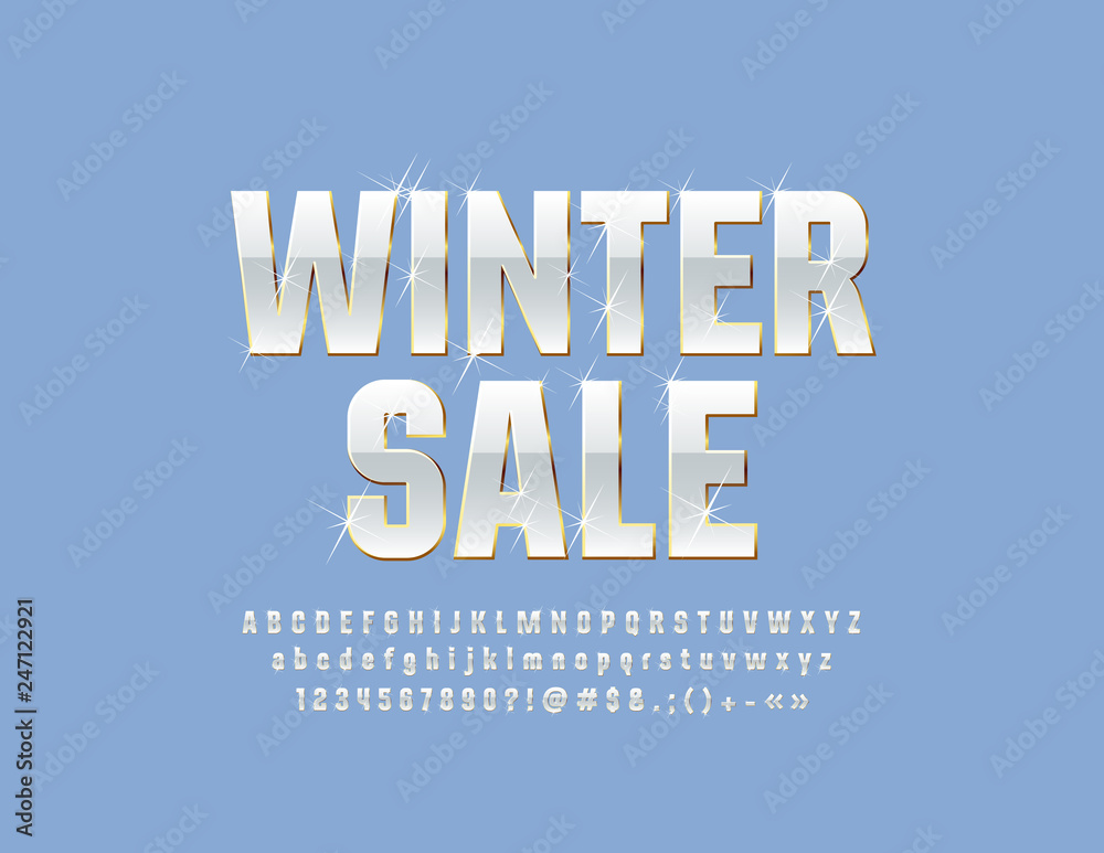 Fototapeta premium Vector snow white Emblem Winter Sale with sparkling Stars Font. Stylish Alphabet Letters, Symbols and Numbers. 