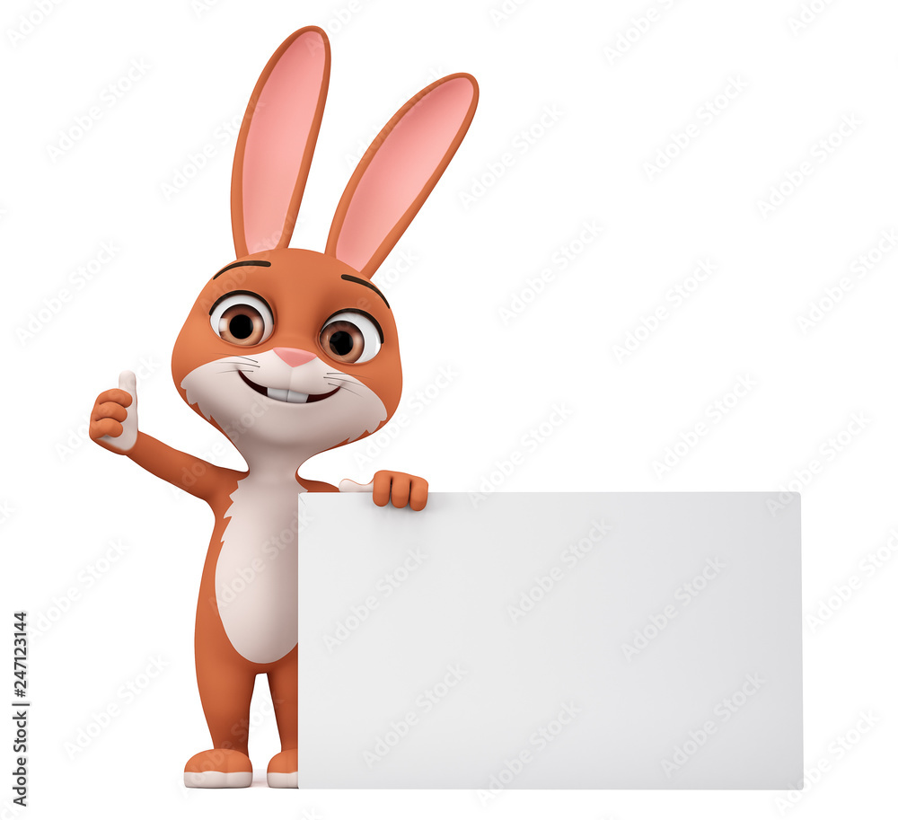 Cartoon character Easter Bunny leaned against a blank board and shows thumb  up against a white background. 3d rendering illustration. Stock  Illustration | Adobe Stock