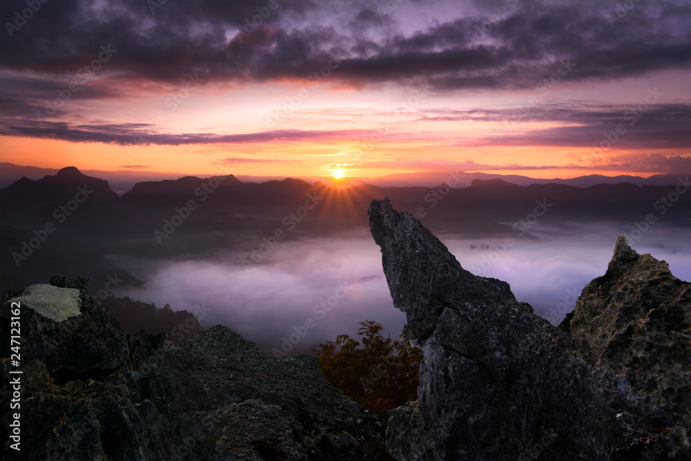 View point banjabo Mae Hong Son Thailand, Sunrise on the high mountain with white mist fox in winter. View point banjabo Mae Hong Son Thailand, Sunrise on the high mountain with white mist fox in winter.