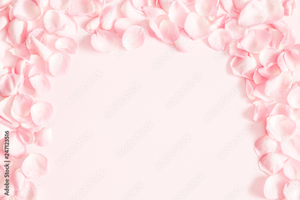 Fototapeta premium Flowers composition. Rose flower petals on pastel pink background. Valentines day, mothers day, womens day, wedding concept. Flat lay, top view, copy space