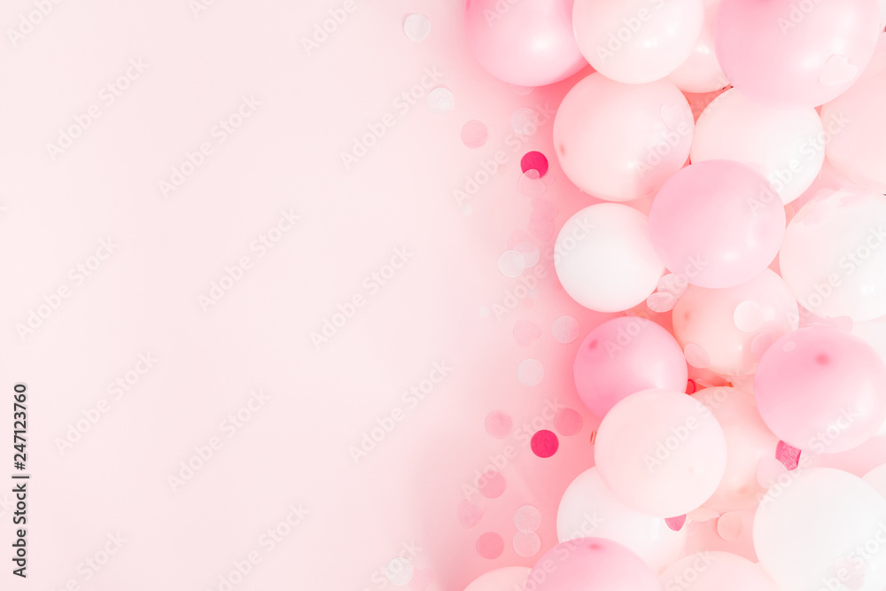 Balloons on pastel pink background. Frame made of white and pink balloons.  Birthday, valentines day, holiday concept. Flat lay, top view, copy space  Stock Photo | Adobe Stock