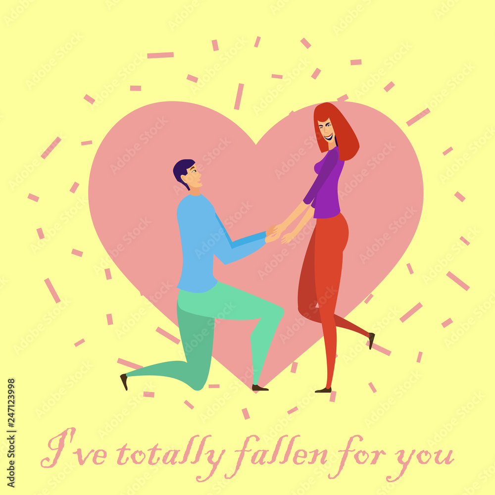 Greeting card with lovers. Young men and women characters Greeting card with lovers. Young men and women characters