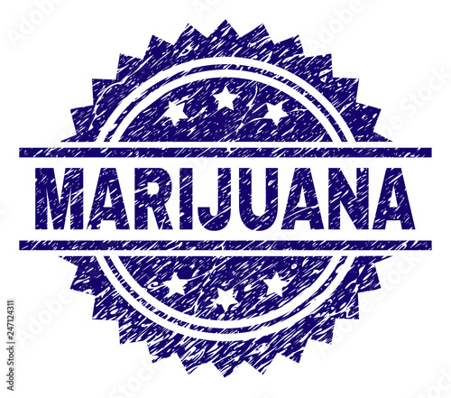 MARIJUANA stamp seal watermark with distress style. Blue vector rubber print of MARIJUANA tag with dirty texture.