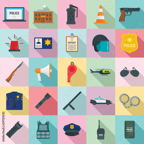 Police equipment icons set. Flat set of police equipment vector icons for web design