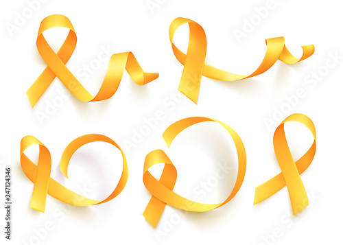 Realistic yellow ribbon. World childhood cancer awareness symbol, vector illustration.
