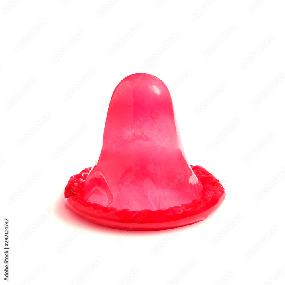 Red condom-male contraception condom isolated on white background. Safe sex concept