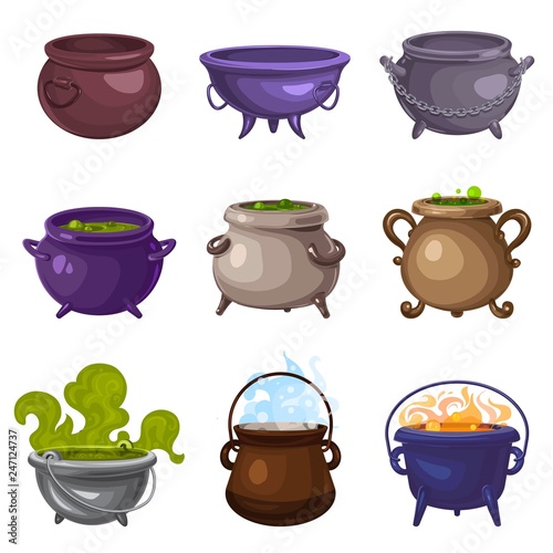 Cauldron icons set. Cartoon set of cauldron vector icons for web design