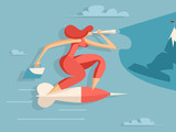 Business woman flies on a dart to the target. Business concept. Vector illustration in flat style