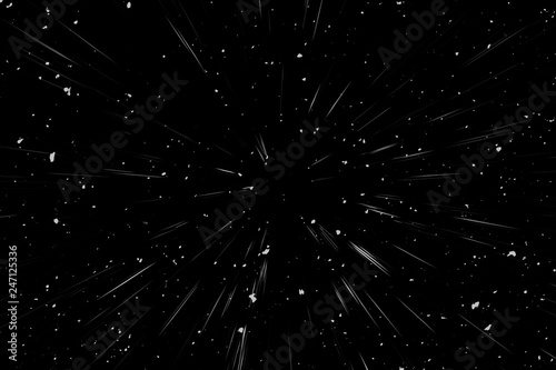 Bokeh white lines on black background, abstraction, abstract speed light motion blur texture, star particle or space traveling, black and white extrusion effect