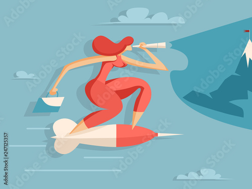 Business woman flies on a dart to the target. Business concept. Vector illustration in flat style